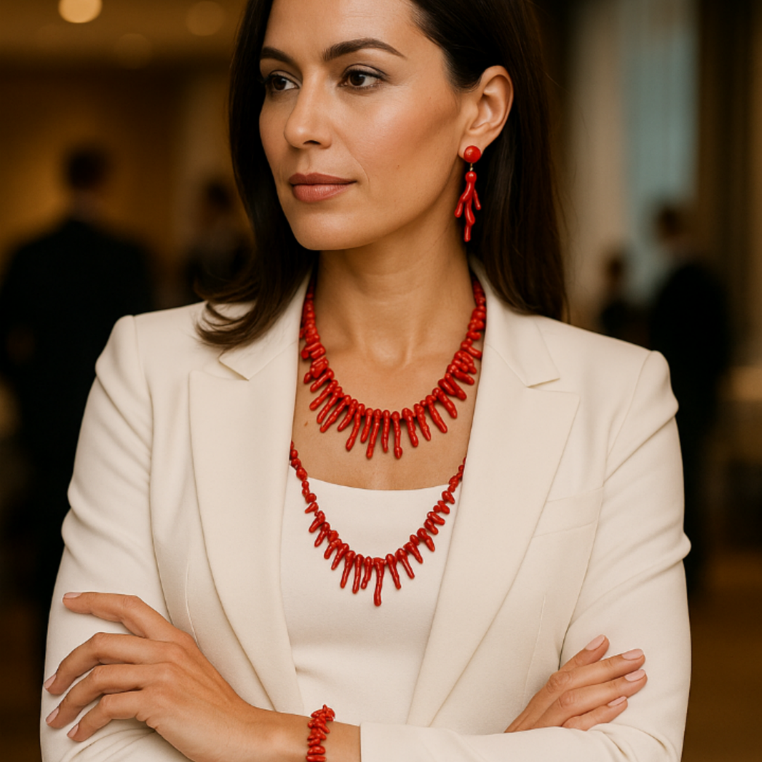 Parure Corail Éternelle – Collier, Bracelet et Boucles