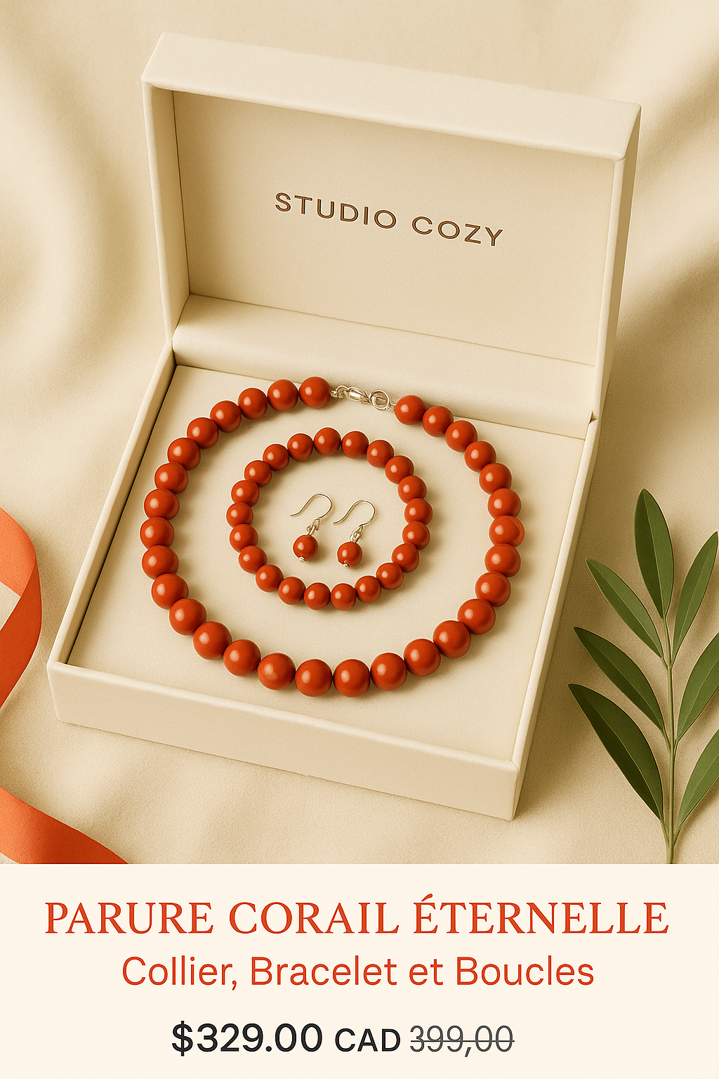 Parure Corail Éternelle – Collier, Bracelet et Boucles | Studio Cozy