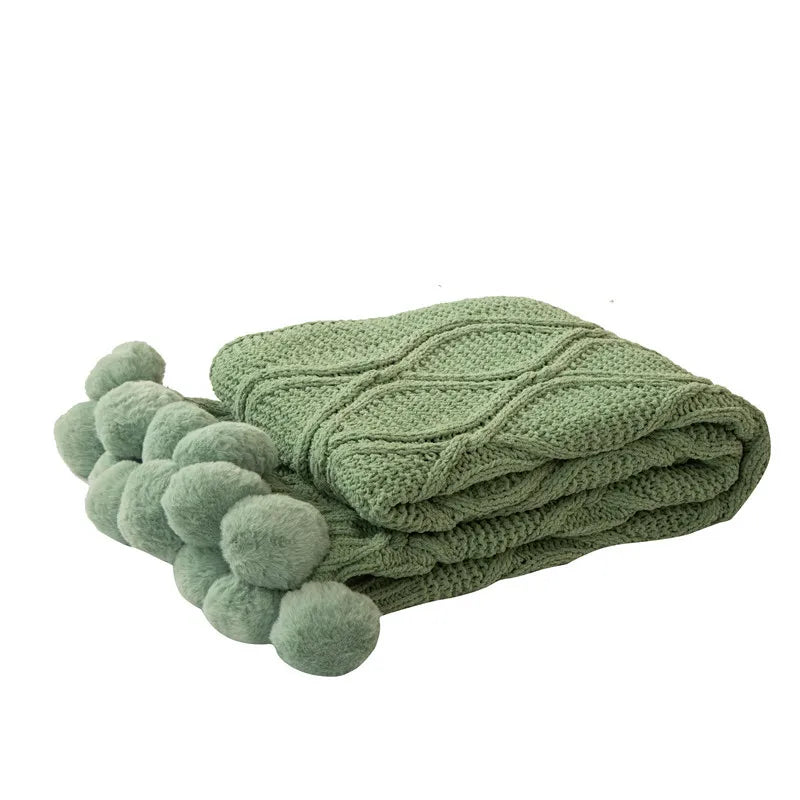 Plaid Chunky Tricoté avec Pompons – Doux, Épais & Cozy