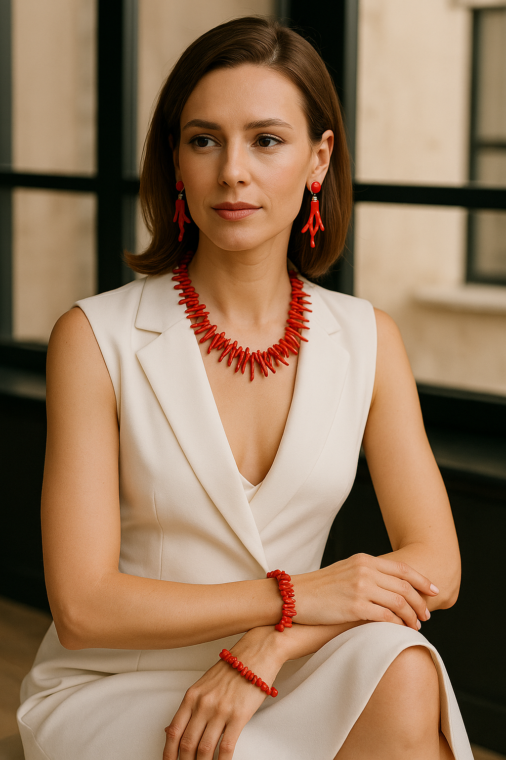 Parure Corail Éternelle – Collier, Bracelet et Boucles