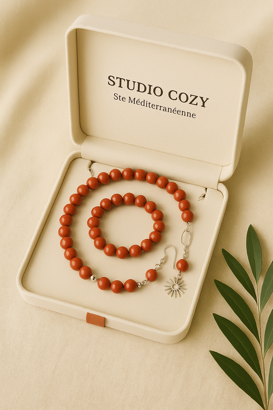 Parure Corail Éternelle – Collier, Bracelet et Boucles | Studio Cozy