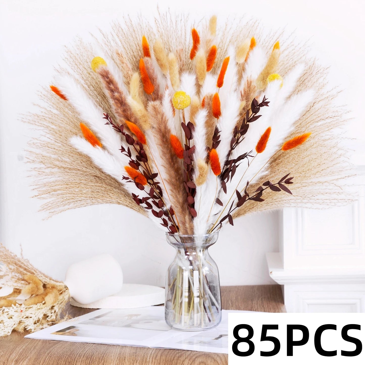 Bouquet de Fleurs Séchées Naturelles – Pampas & Queue de Lapin Orange – Décoration Mariage & Maison Cozy