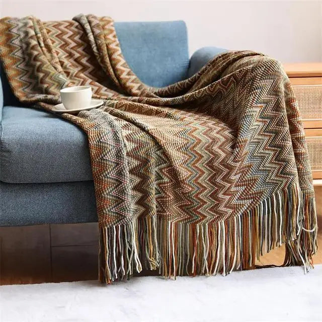 Plaid Bohème Tricoté – Couverture Douce à Rayures Style Rétro pour Canapé & Lit