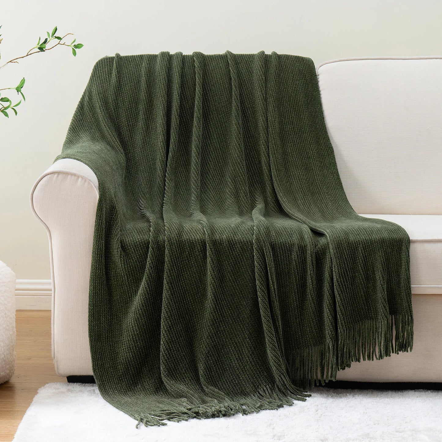 Plaid en chenille douce avec pompons – Couverture tricotée décorative pour lit et canapé