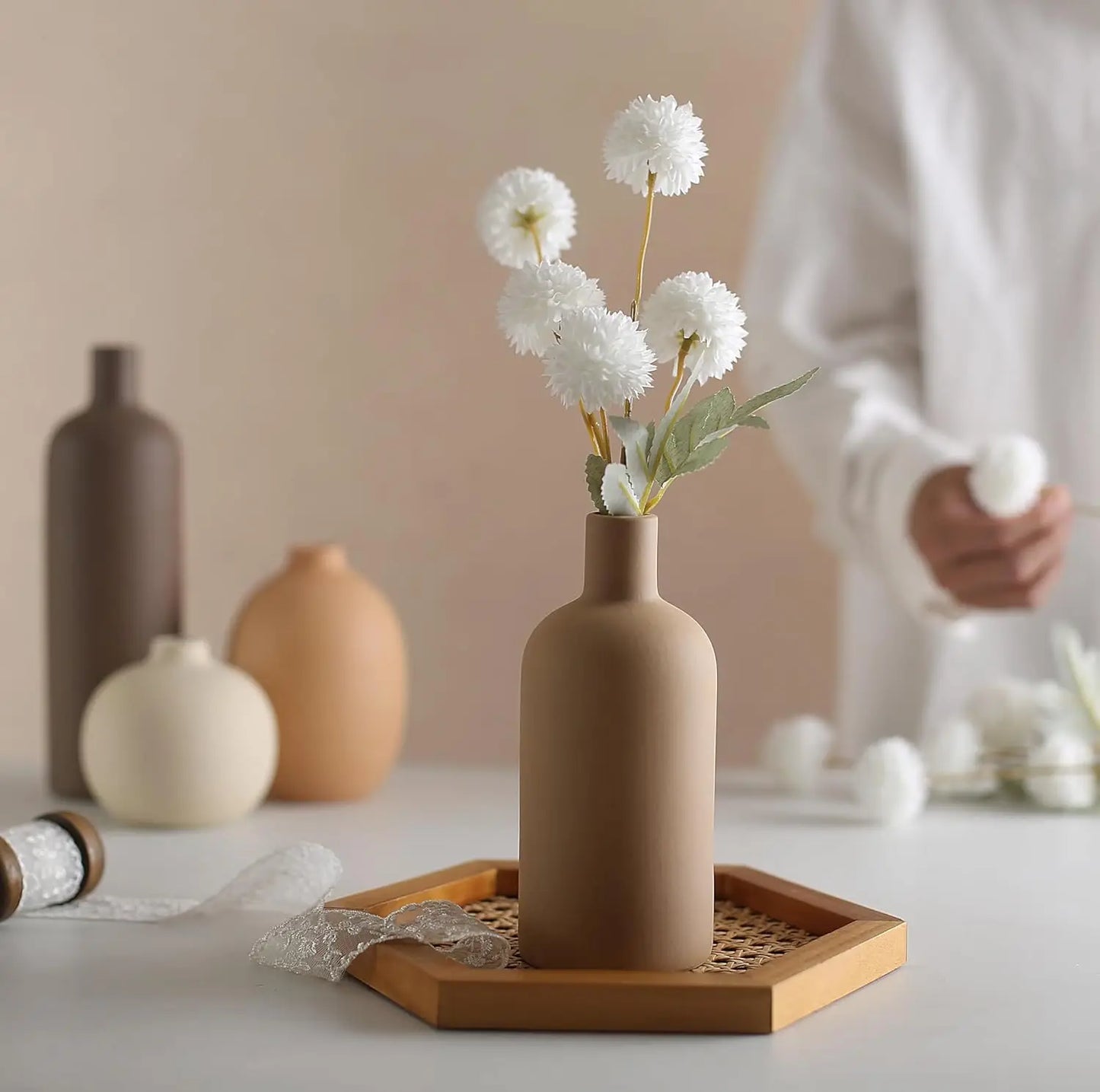 Lot de vases en céramique neutre – Décoration rustique et bohème pour salon, table et intérieur