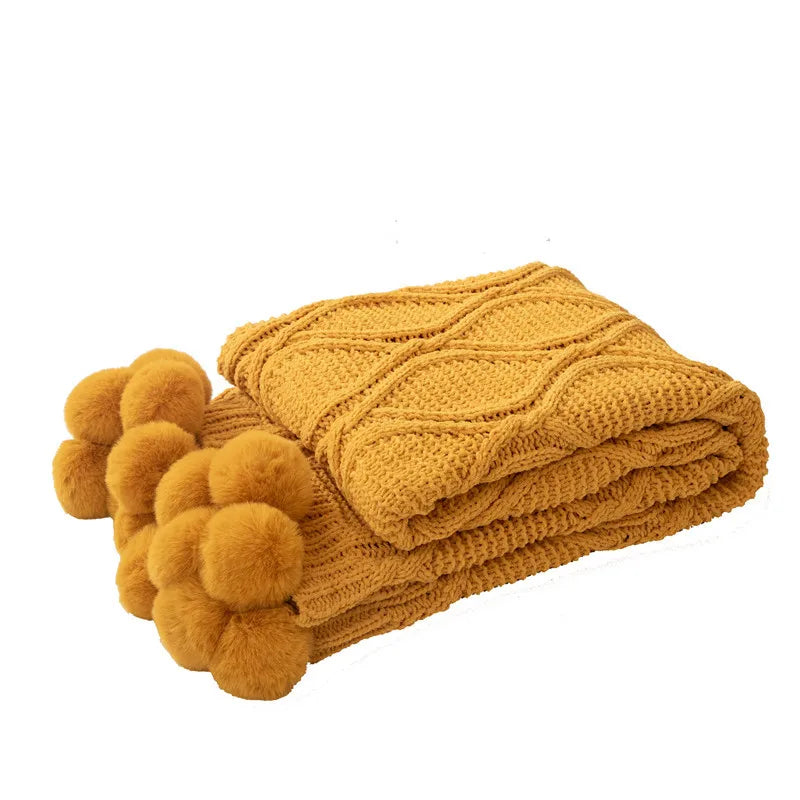 Plaid Chunky Tricoté avec Pompons – Doux, Épais & Cozy