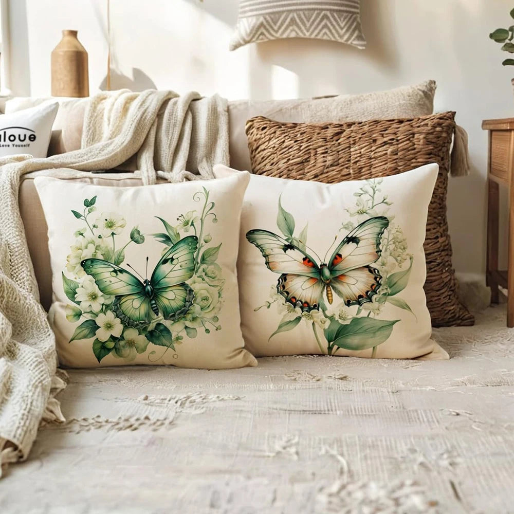 Housse de Coussin Papillon Vert & Fleur Blanche – Style Frais Déco Chambre & Salon