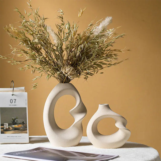 Lot de 2 vases en céramique mate – Décoration intérieure moderne pour fleurs séchées et pampas