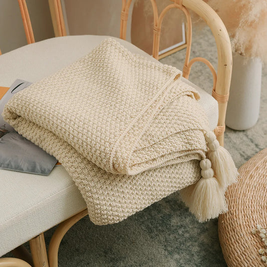 Plaid tricoté avec pompons – Couverture douce style bohème pour lit & canapé