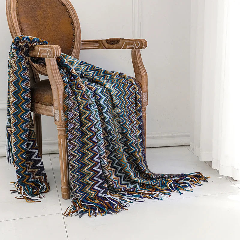Plaid Bohème Tricoté – Couverture Douce à Rayures Style Rétro pour Canapé & Lit