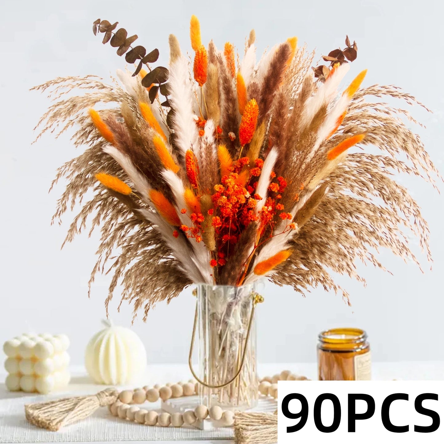 Bouquet de Fleurs Séchées Naturelles – Pampas & Queue de Lapin Orange – Décoration Mariage & Maison Cozy