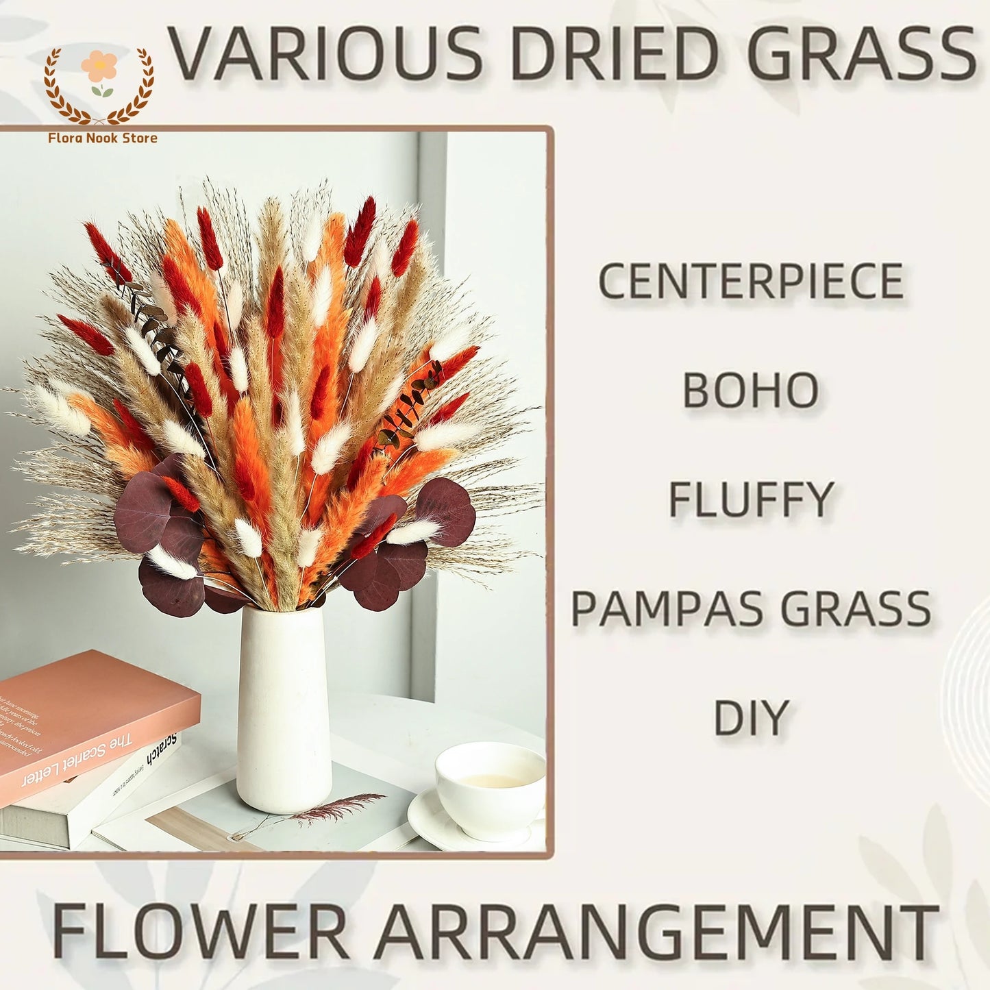 Bouquet de Fleurs Séchées Naturelles – Pampas & Queue de Lapin Orange – Décoration Mariage & Maison Cozy