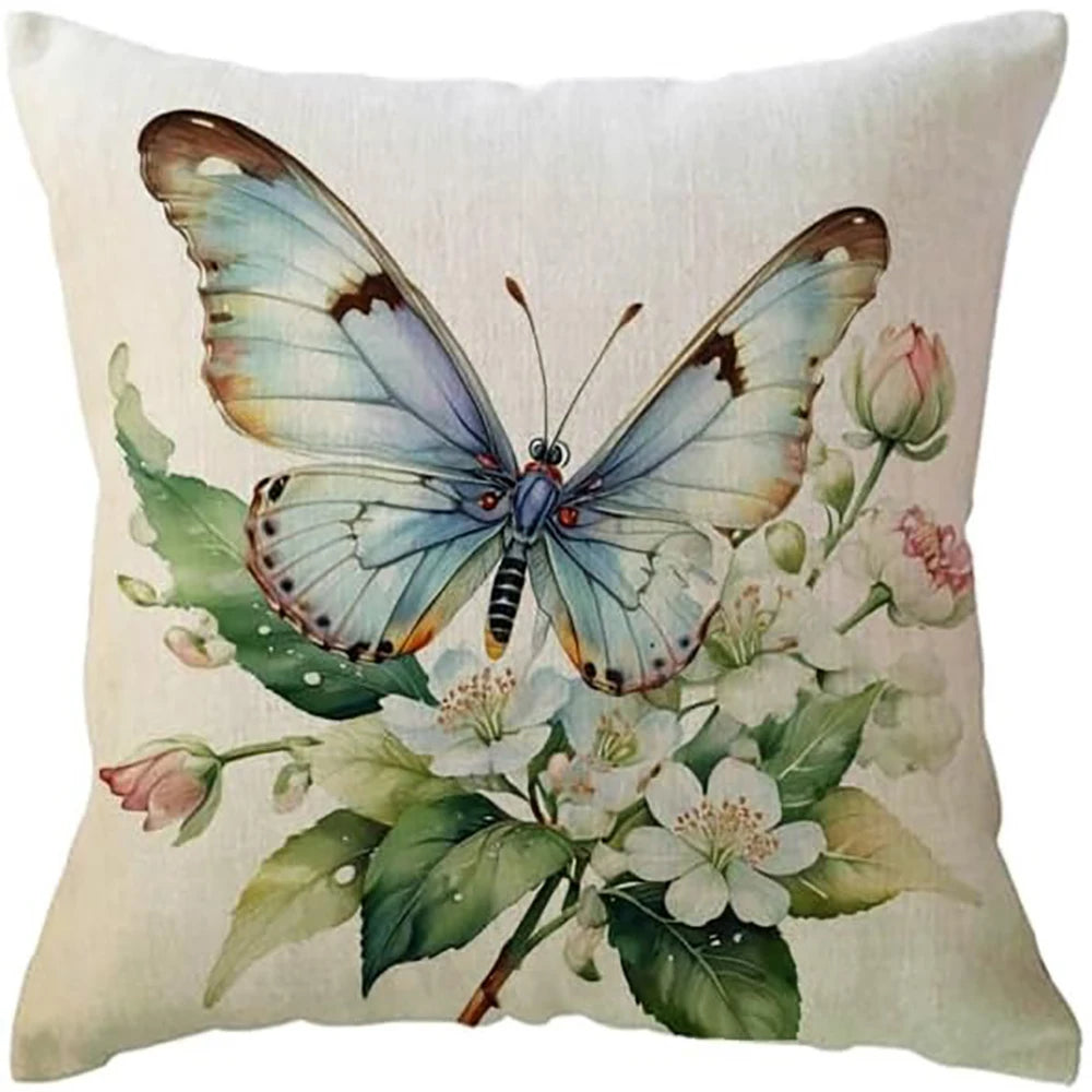 Housse de Coussin Papillon Vert & Fleur Blanche – Style Frais Déco Chambre & Salon