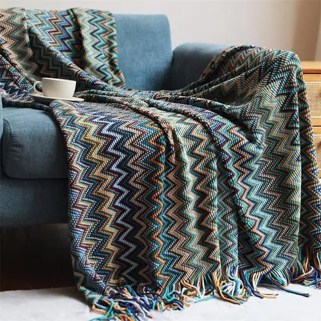 Plaid Bohème Tricoté – Couverture Douce à Rayures Style Rétro pour Canapé & Lit