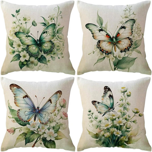 Housse de Coussin Papillon Vert & Fleur Blanche – Style Frais Déco Chambre & Salon