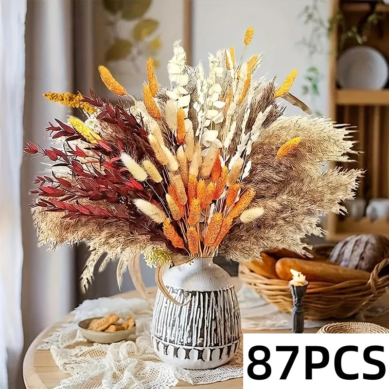 Bouquet de Fleurs Séchées Naturelles – Pampas & Queue de Lapin Orange – Décoration Mariage & Maison Cozy