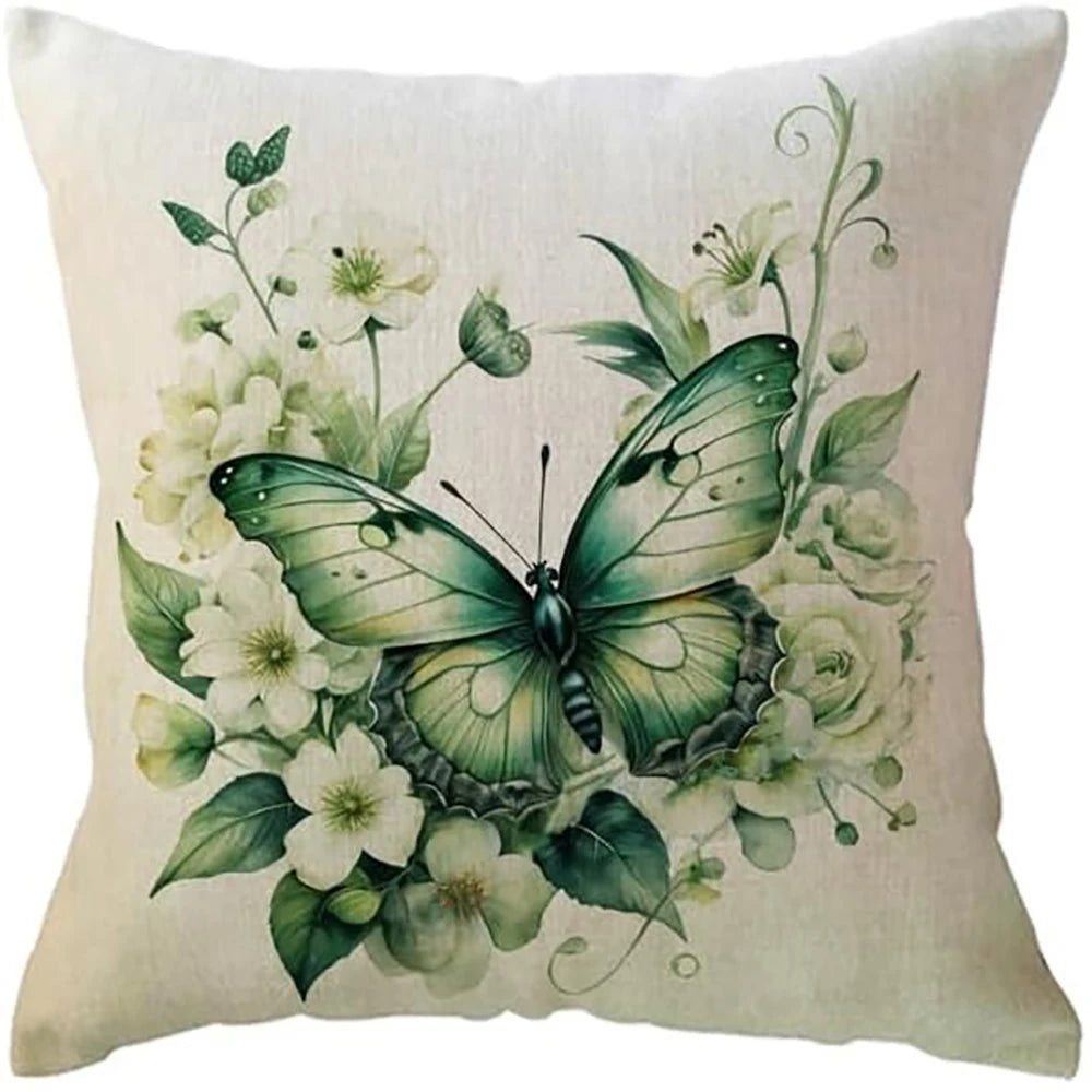 Housse de Coussin Papillon Vert & Fleur Blanche – Style Frais Déco Chambre & Salon