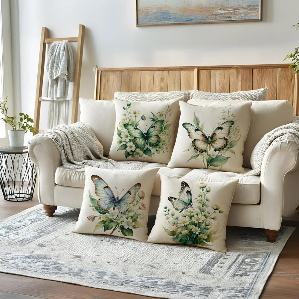 Housse de Coussin Papillon Vert & Fleur Blanche – Style Frais Déco Chambre & Salon