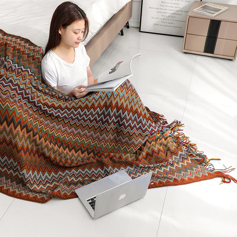 Plaid Bohème Tricoté – Couverture Douce à Rayures Style Rétro pour Canapé & Lit