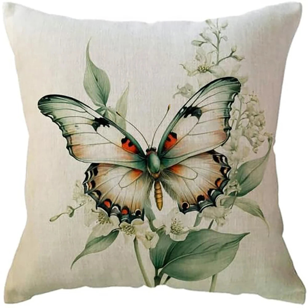 Housse de Coussin Papillon Vert & Fleur Blanche – Style Frais Déco Chambre & Salon