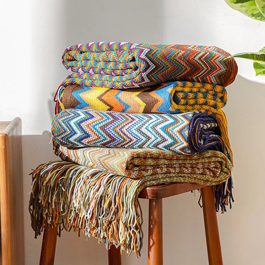 Plaid Bohème Tricoté – Couverture Douce à Rayures Style Rétro pour Canapé & Lit