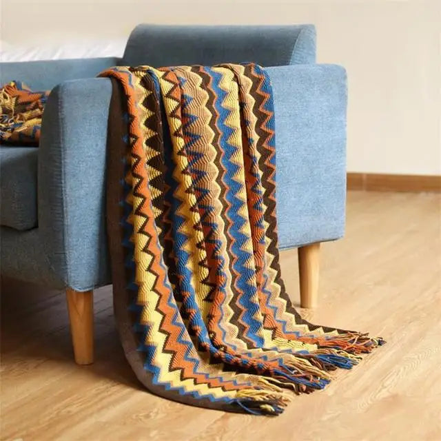Plaid Bohème Tricoté – Couverture Douce à Rayures Style Rétro pour Canapé & Lit