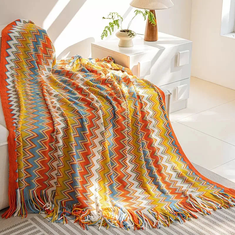 Plaid Bohème Tricoté – Couverture Douce à Rayures Style Rétro pour Canapé & Lit