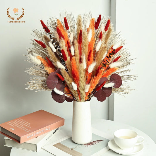 Bouquet de Fleurs Séchées Naturelles – Pampas & Queue de Lapin Orange – Décoration Mariage & Maison Cozy