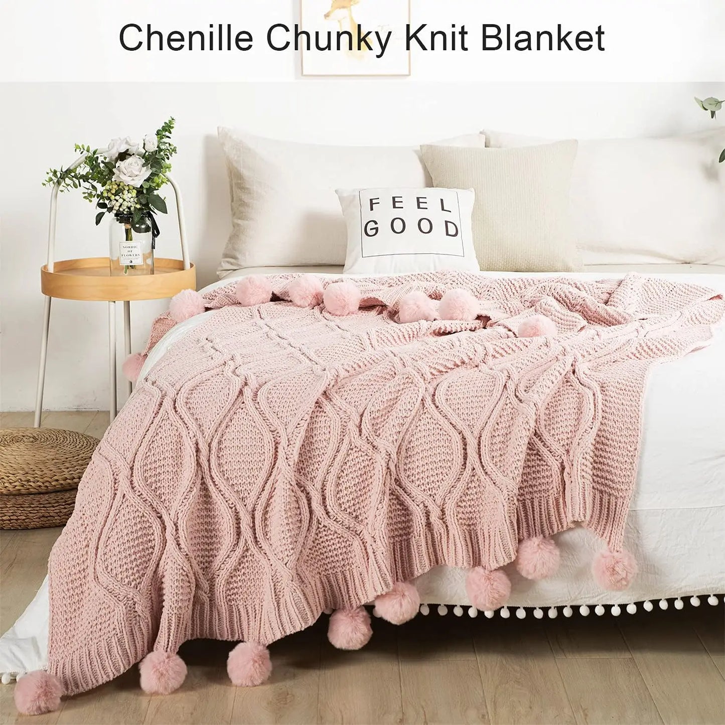 Plaid Chunky Tricoté avec Pompons – Doux, Épais & Cozy