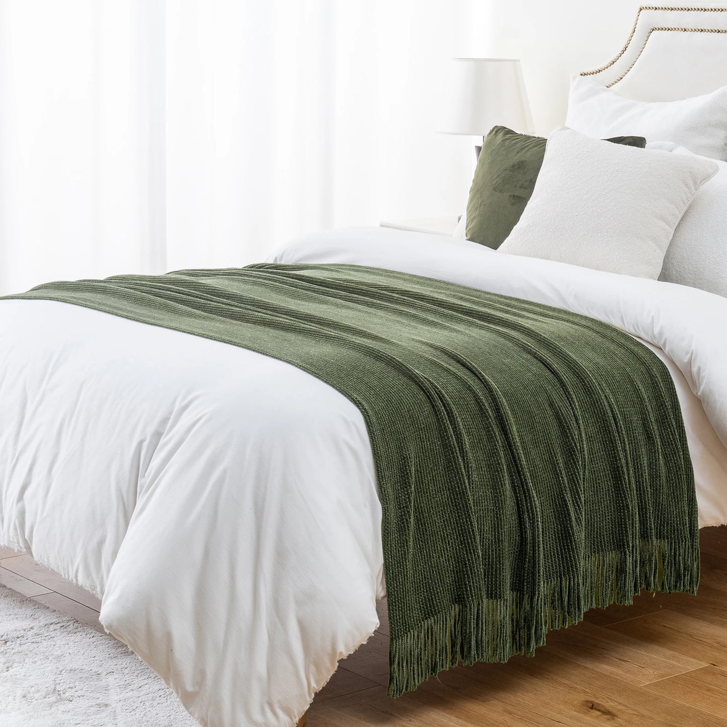 Plaid en chenille douce avec pompons – Couverture tricotée décorative pour lit et canapé