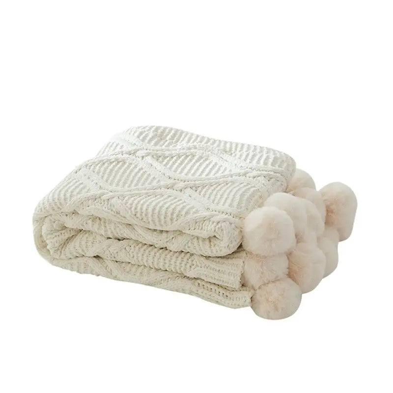 Plaid Chunky Tricoté avec Pompons – Doux, Épais & Cozy