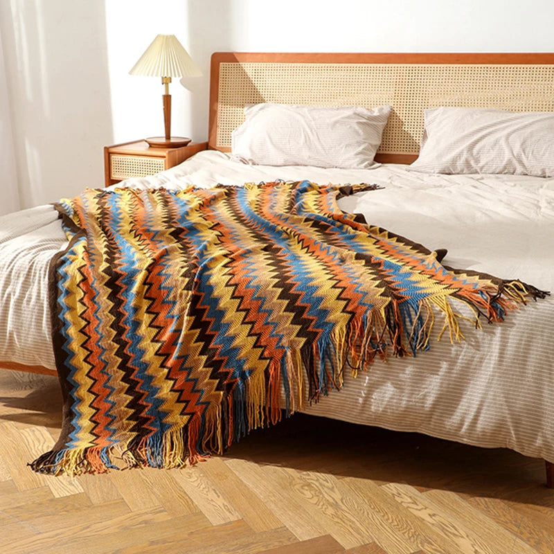 Plaid Bohème Tricoté – Couverture Douce à Rayures Style Rétro pour Canapé & Lit