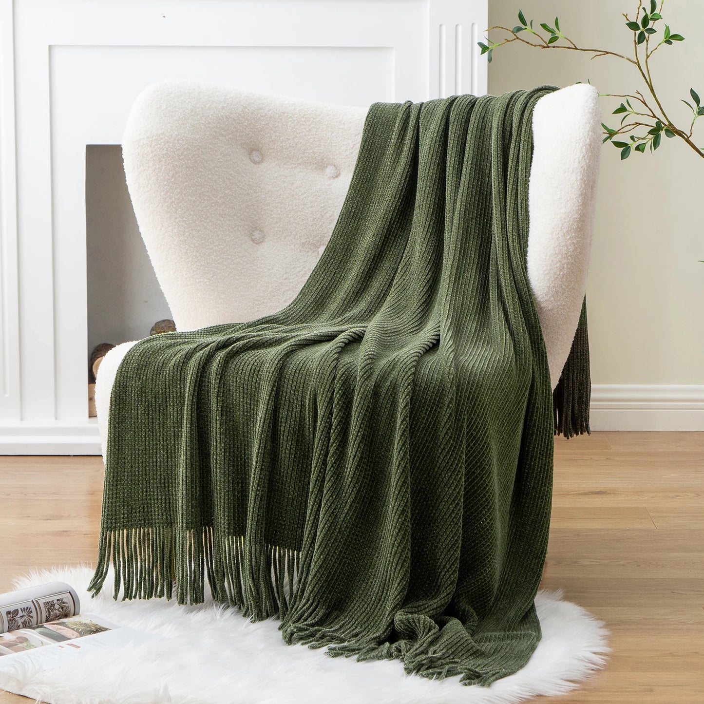 Plaid en chenille douce avec pompons – Couverture tricotée décorative pour lit et canapé