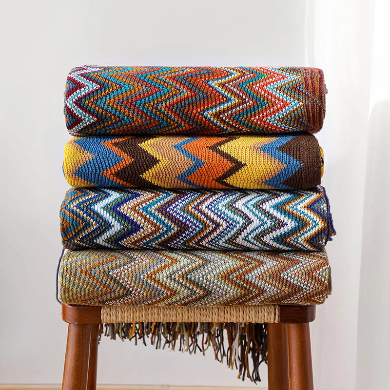 Plaid Bohème Tricoté – Couverture Douce à Rayures Style Rétro pour Canapé & Lit