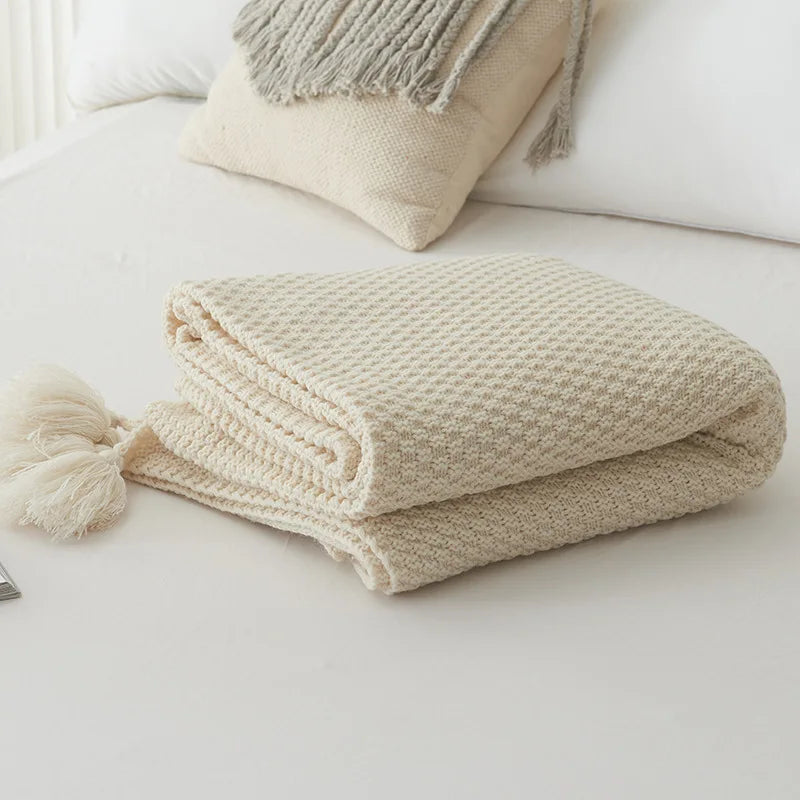 Plaid tricoté avec pompons – Couverture douce style bohème pour lit & canapé