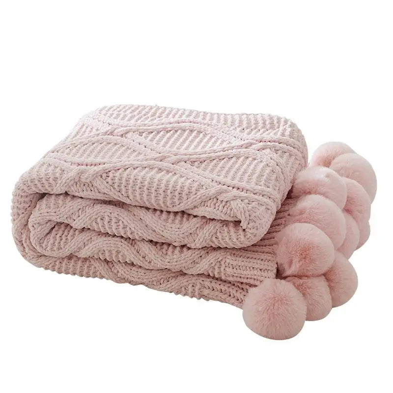 Plaid Chunky Tricoté avec Pompons – Doux, Épais & Cozy