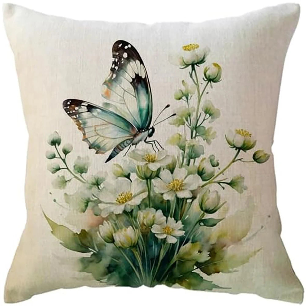 Housse de Coussin Papillon Vert & Fleur Blanche – Style Frais Déco Chambre & Salon