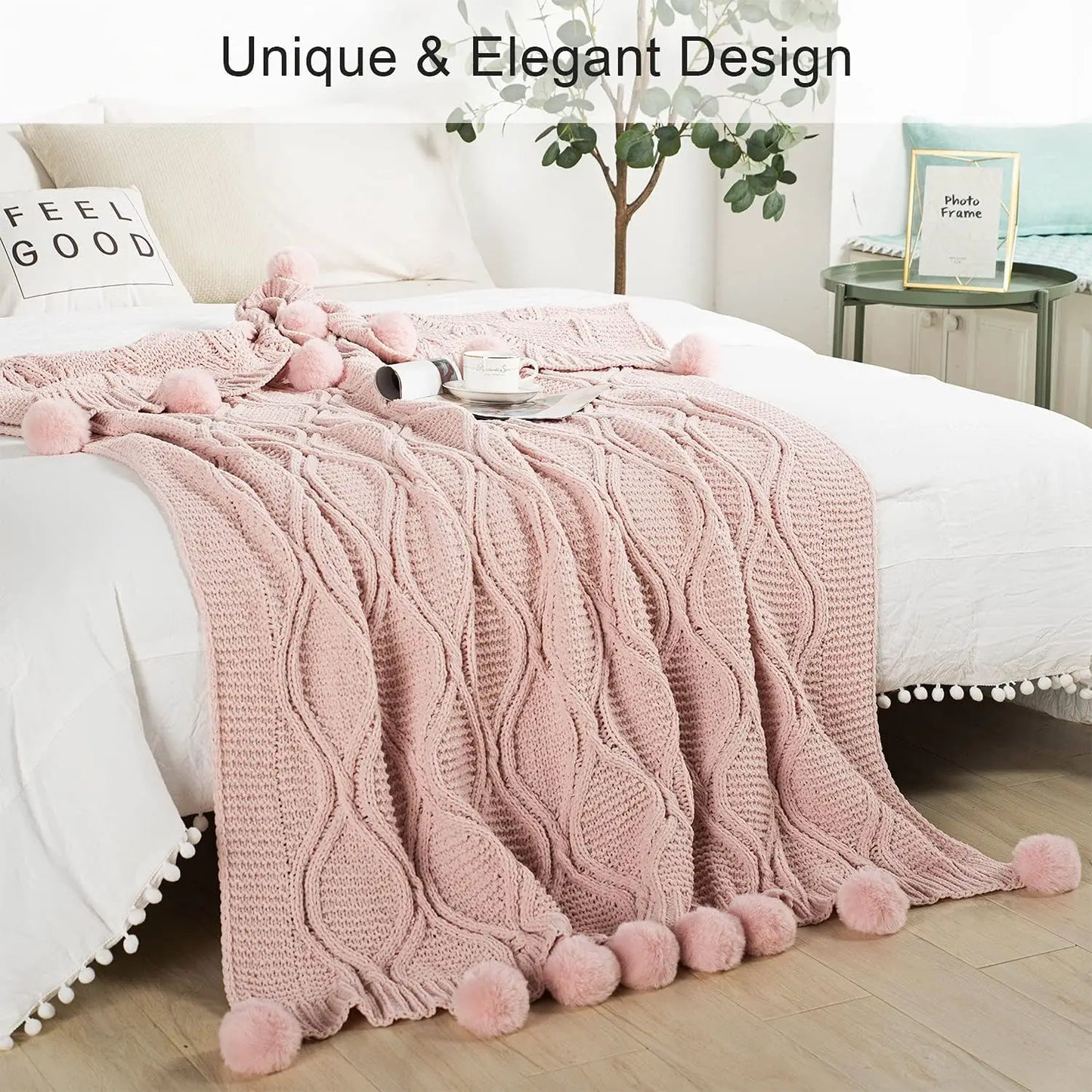Plaid Chunky Tricoté avec Pompons – Doux, Épais & Cozy