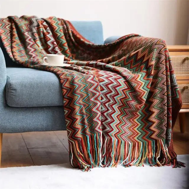 Plaid Bohème Tricoté – Couverture Douce à Rayures Style Rétro pour Canapé & Lit